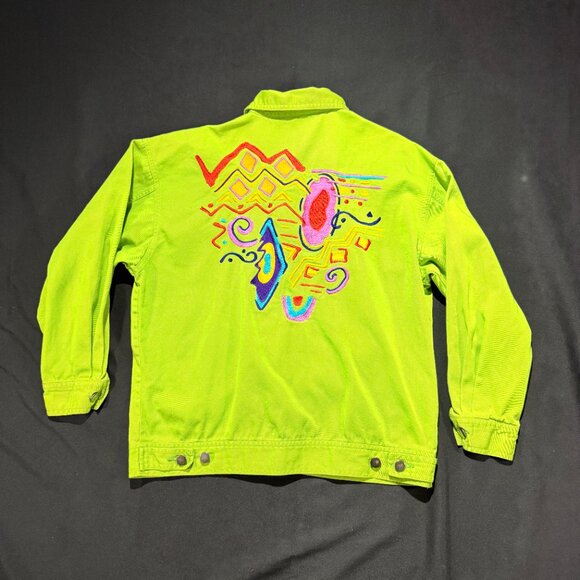 IB Diffusion VINTAGE Women's Denim Jacket Size 10 Bright Green Embroidered - Picture 3 of 10